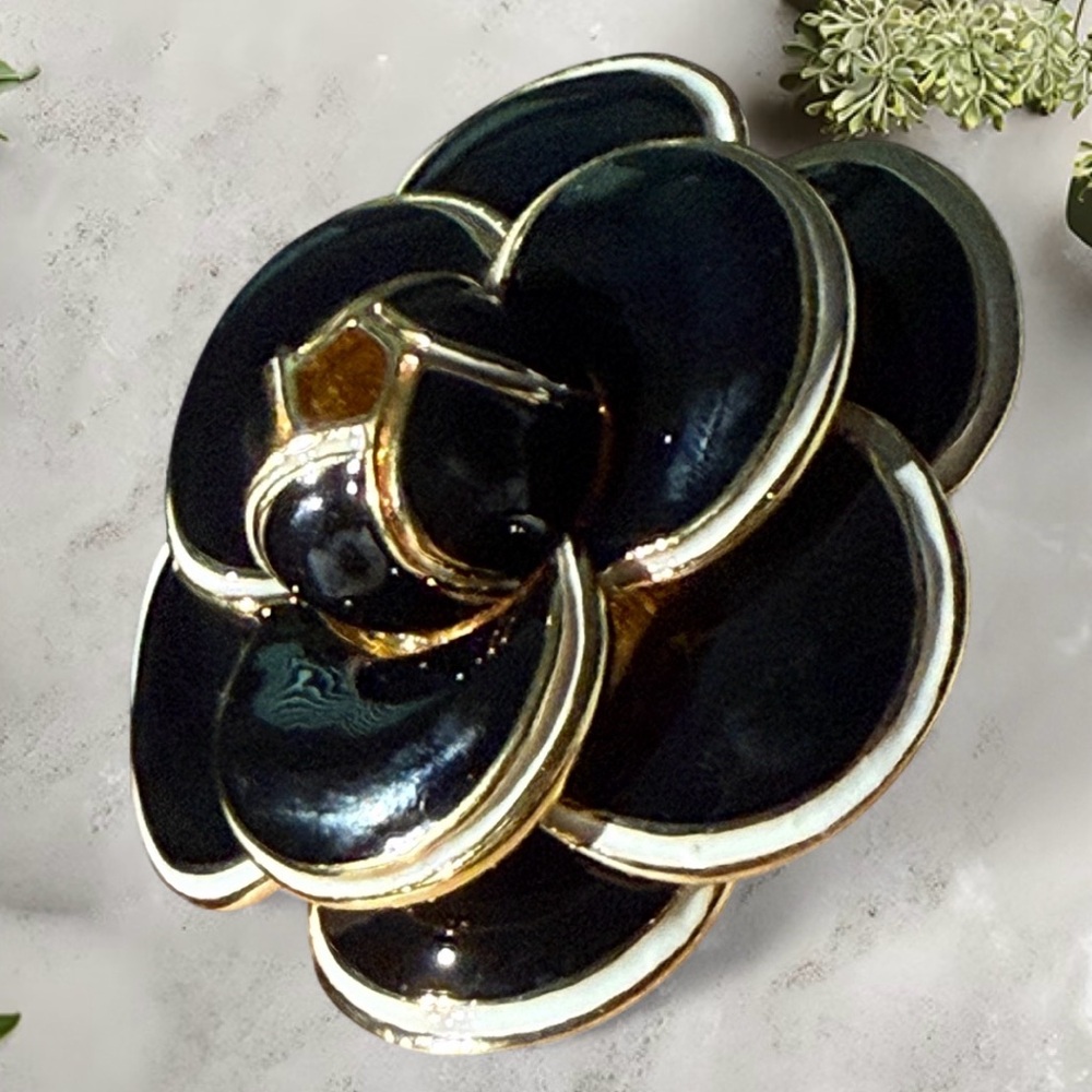 Black Enamel Camellia Brooch with Gold Trim and White Accents - Picture 3 of 5